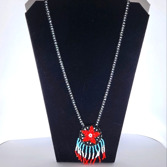 Jewelry - Elegant Red, White, Blue and Black Beaded Vintage Native American Beaded Necklac